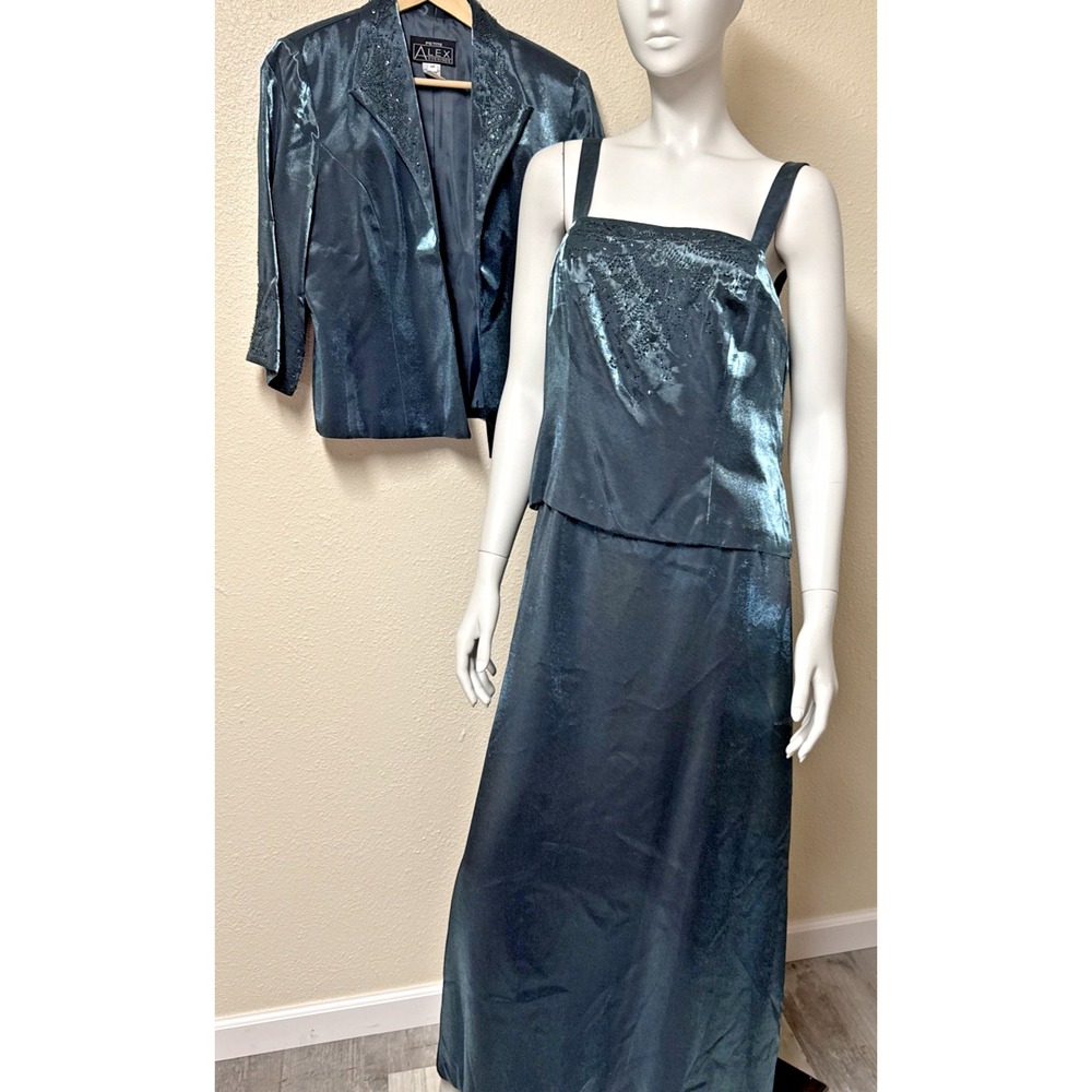 Alex Evenings Beaded Two-Piece Iridescent Gown Jacket Green SZ 14 Petite‎ Formal